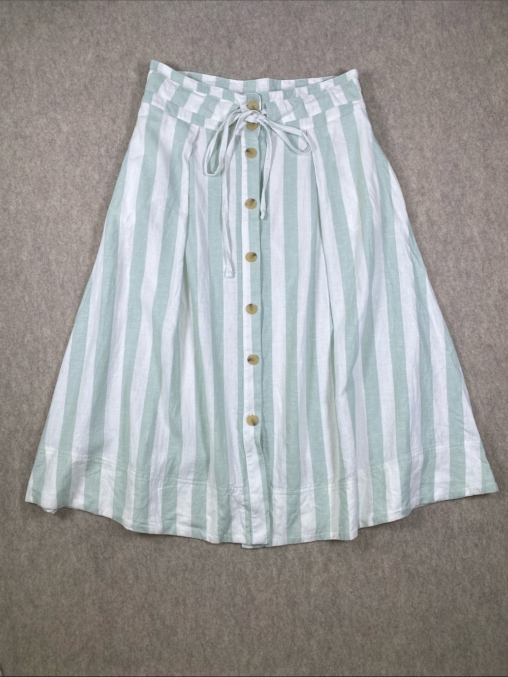 A New Day Linen Blend Striped Button Front Midi Skirt Green White M